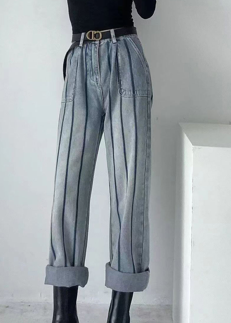 Fashion Blue High Waist Striped Patchwork Jeans Spring