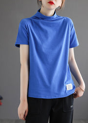Fashion Blue Hign Neck Patchwork Cotton Top Half Sleeve