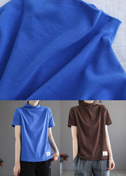 Fashion Blue Hign Neck Patchwork Cotton Top Half Sleeve