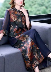 Fashion Blue Hollow Out Patchwork Print Silk Tops And Skirts Two Pieces Set Half Sleeve