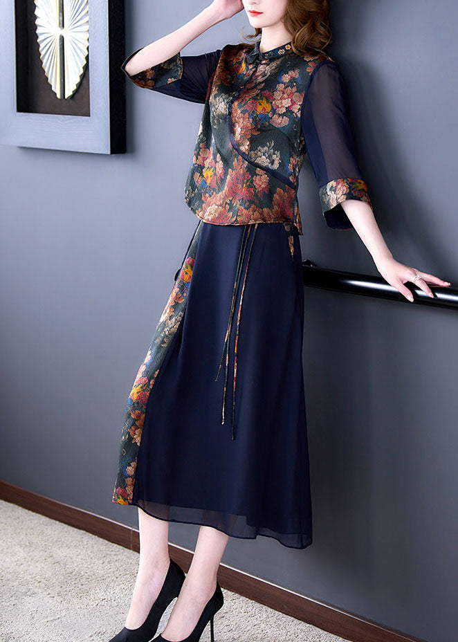 Fashion Blue Hollow Out Patchwork Print Silk Tops And Skirts Two Pieces Set Half Sleeve