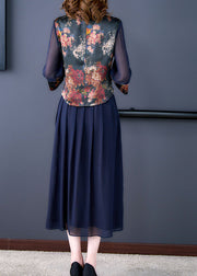 Mode blau aushöhlen Patchwork-Druck Seidenoberteile und Röcke zweiteiliges Set mit halben Ärmeln