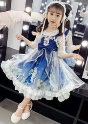 Fashion Blue Lace Patchwork Tulle Kids Long Dress Short Sleeve