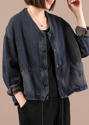 Fashion Blue Loose Pockets Button Fall Coat Long Sleeve