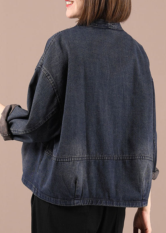 Fashion Blue Loose Pockets Button Fall Coat Long Sleeve