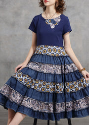 Fashion Blue O-Neck Cinched Patchwork Cotton pleated Dresses Short Sleeve