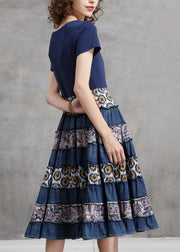 Fashion Blue O-Neck Cinched Patchwork Cotton pleated Dresses Short Sleeve