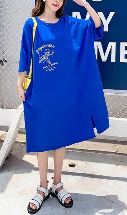 Fashion Blue O-Neck Cotton Summer Maxi Dresses - SooLinen
