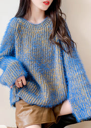 Fashion Blue O-Neck Cozy Low High Design Knit Sweaters Fall