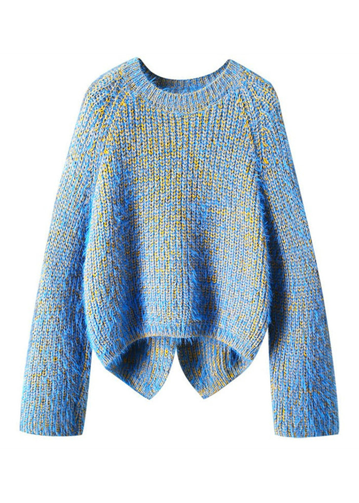Fashion Blue O-Neck Cozy Low High Design Knit Sweaters Fall