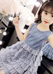 Fashion Blue O-Neck Embroidered Dot Patchwork Tulle Girls Party Mid Dress Sleeveless
