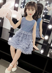 Fashion Blue O-Neck Embroidered Dot Patchwork Tulle Girls Party Mid Dress Sleeveless