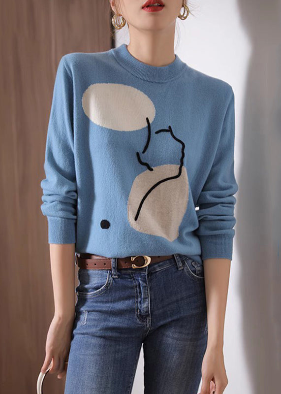 Fashion Blue O Neck Geometric Print Patchwork Knit Sweaters Fall