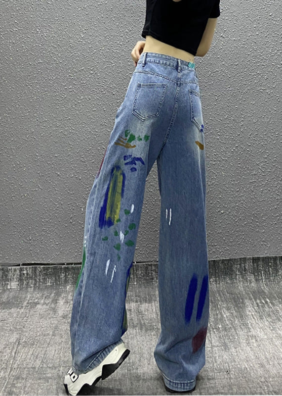 Fashion Blue Paintings Pockets High Waist Denim Wide Leg Pants Spring