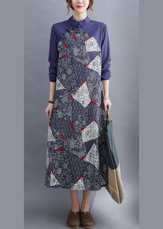 Fashion Blue Patchwork Button asymmetrisches Design Herbstferien Kleid Langarm