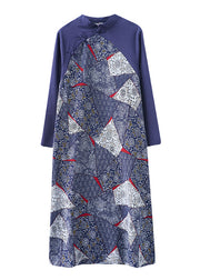 Fashion Blue Patchwork Button asymmetrisches Design Herbstferien Kleid Langarm