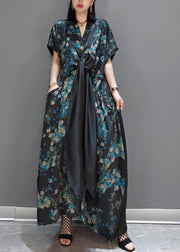 Fashion Blue Patchwork Silk Maxi Dresses Short Sleeve