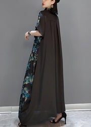 Fashion Blue Patchwork Silk Maxi Dresses Short Sleeve