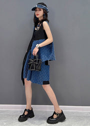 Fashion Blue Patchwork Waistcoat And Shorts Two Pieces Set Sleeveless