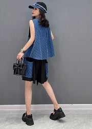 Fashion Blue Patchwork Waistcoat And Shorts Two Pieces Set Sleeveless