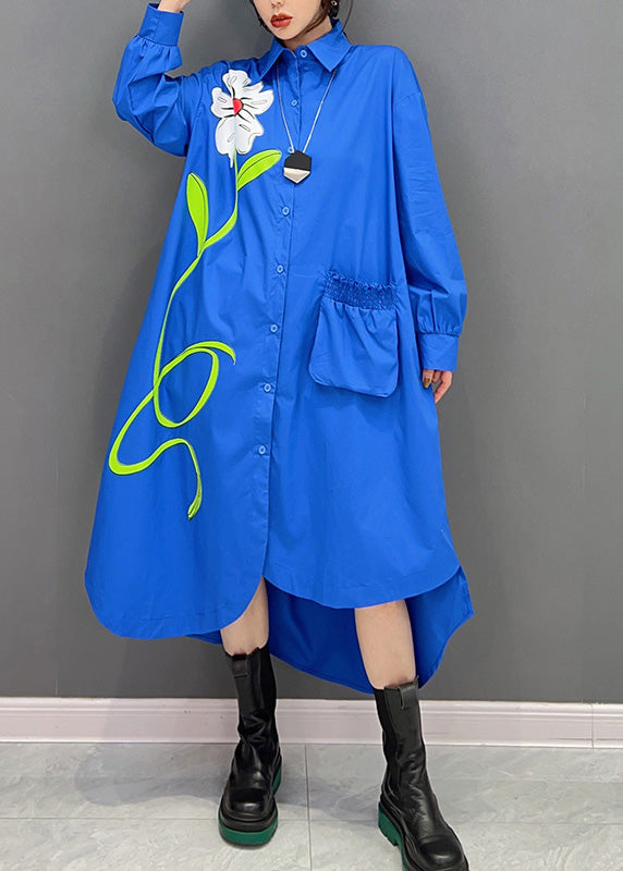 Fashion Blue Peter Pan Collar Asymmetrical Print Button Maxi Shirts Dress Long Sleeve