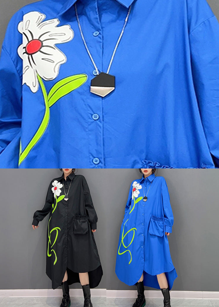 Fashion Blue Peter Pan Collar Asymmetrical Print Button Maxi Shirts Dress Long Sleeve