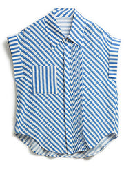 Fashion Blue Peter Pan Collar Striped Button Low High Design Silk Shirts Summer