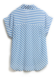 Fashion Blue Peter Pan Collar Striped Button Low High Design Silk Shirts Summer