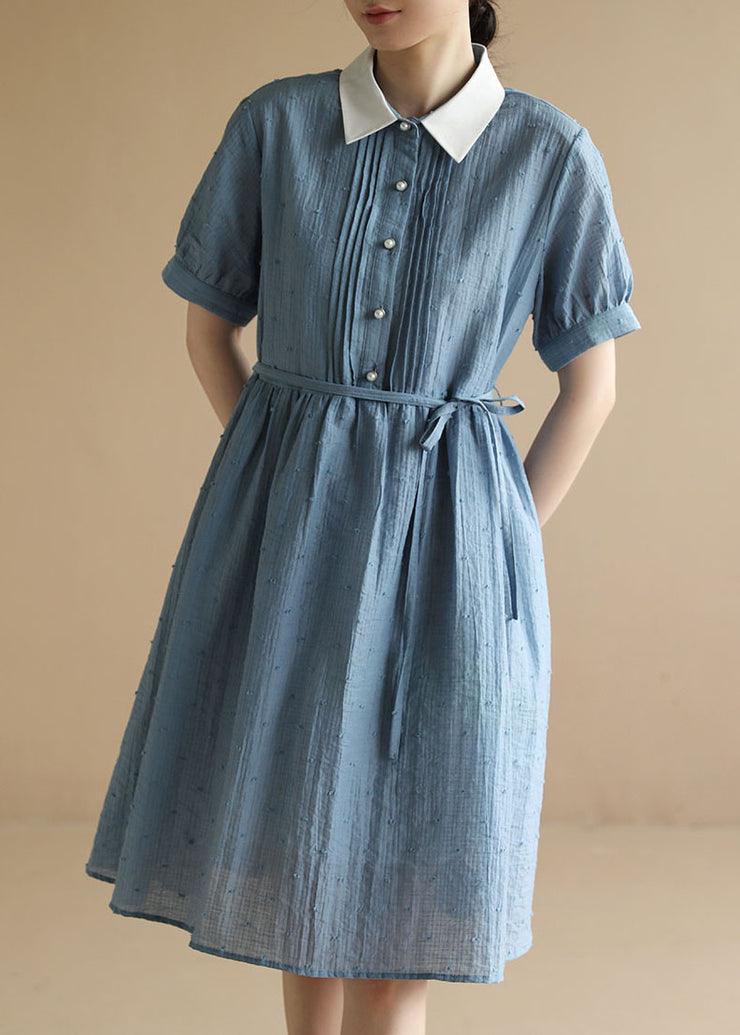 Fashion Blue Peter Pan Collar Wrinkled Button Cotton Holiday Dress Short Sleeve