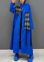 Fashion Blue Peter Pan Collar Zippered Patchwork Tassel Maxi Coat Spring