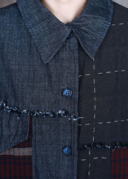 Fashion Blue PeterPan Collar Plaid Patchwork denim Winter Coat