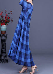 Fashion Blue Plaid Linen Embroideried Floral Summer Long Dress - SooLinen
