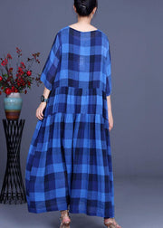 Fashion Blue Plaid Linen Embroideried Floral Summer Long Dress - SooLinen