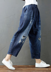 Fashion Blue Pockets Elastic Waist Denim Harem Pants Summer