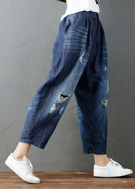 Fashion Blue Pockets Elastic Waist Denim Harem Pants Summer