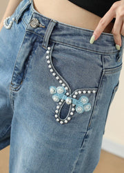 Fashion Blue Pockets Embroideried Nail Bead Denim Pants Spring