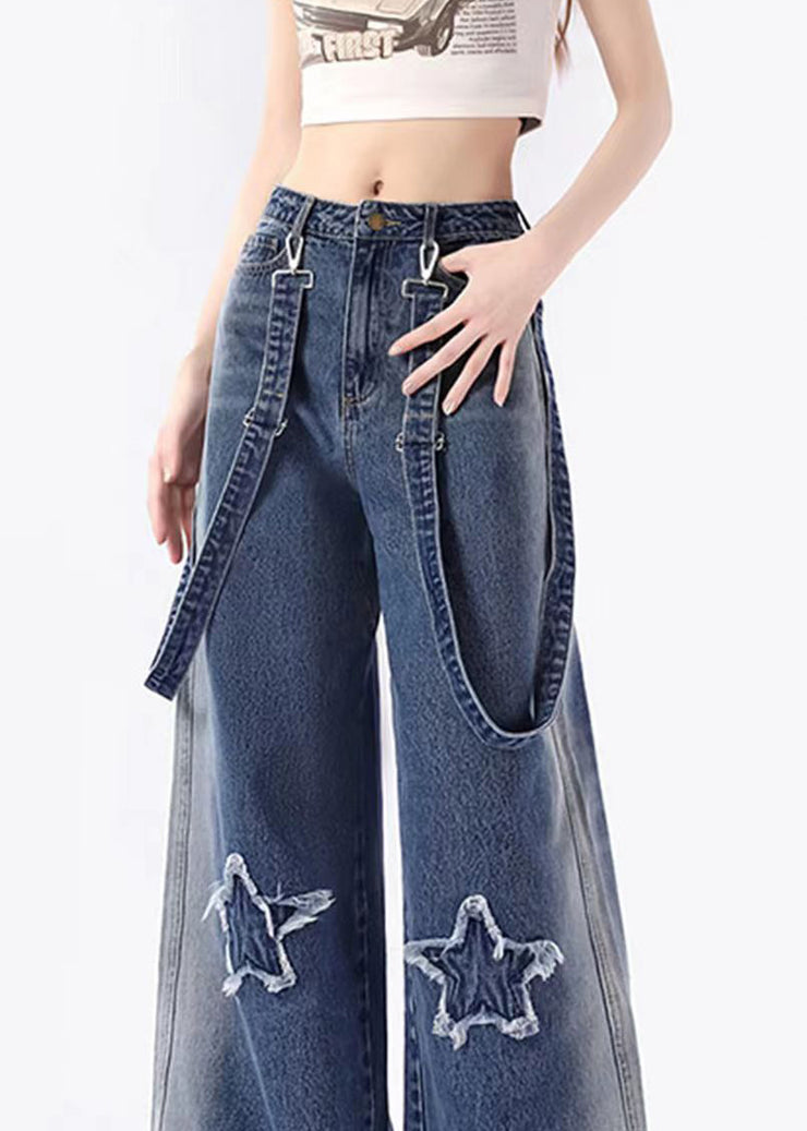 Fashion Blue Pockets Patch Denim Straight Pants Spring