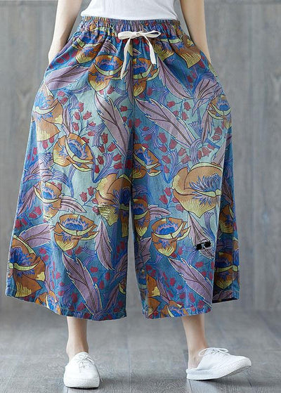 Fashion Blue Pockets Print Tie Waist Fall Wide Leg Pants - SooLinen