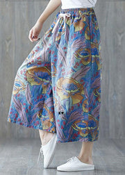 Fashion Blue Pockets Print Tie Waist Fall Wide Leg Pants - SooLinen