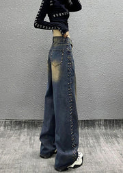 Fashion Blue Pockets Rivet High Waist Denim Wide Leg Pants Fall