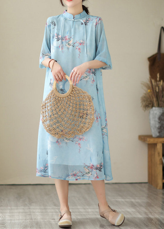 Fashion Blue Print Chiffon Long Dresses Summer
