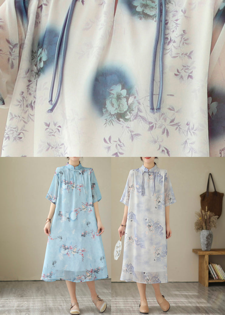 Fashion Blue Print Chiffon Long Dresses Summer