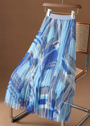 Fashion Blue Print Draping High Waist Tulle Skirt Summer
