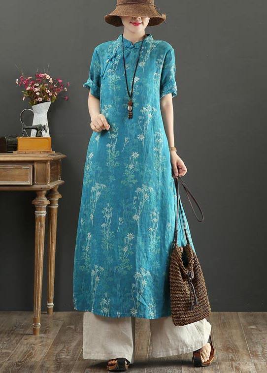 Fashion Blue Print Oriental side open Long Summer Linen Dress - SooLinen