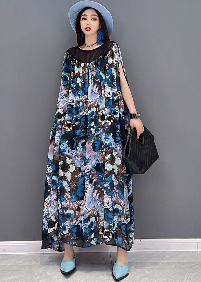 Fashion Blue Print Patchwork drapiert Chiffon langes Kleid mit kurzen Ärmeln