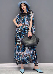 Fashion Blue Print Patchwork Draping Chiffon Long Dress Short Sleeve