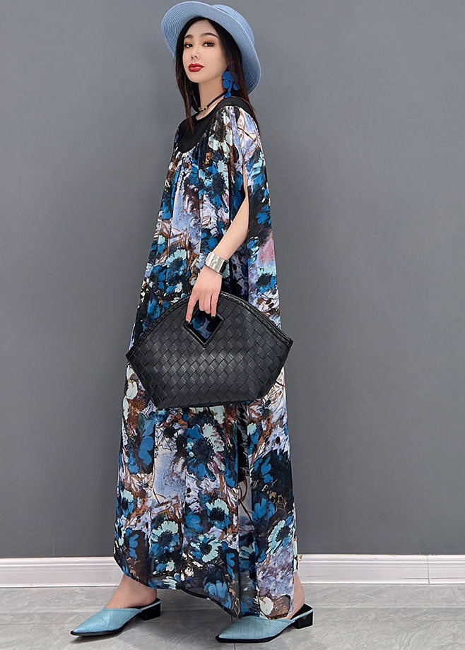Fashion Blue Print Patchwork Draping Chiffon Long Dress Short Sleeve