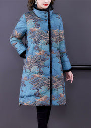 Fashion Blue Faux Fur Collar Print Fine Cotton Filled Puffer Coats Winter