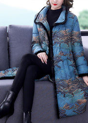 Fashion Blue Faux Fur Collar Print Fine Cotton Filled Puffer Coats Winter
