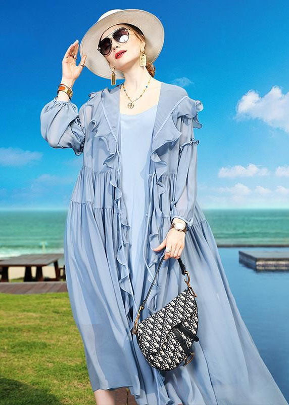 Fashion Blue Ruffled Asymmetrical Patchwork Silk Vacation Dresses Summer